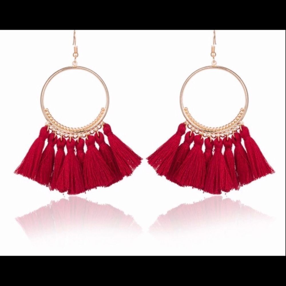 Boho Hoop Earrings-Red, Lightweight, French Hook